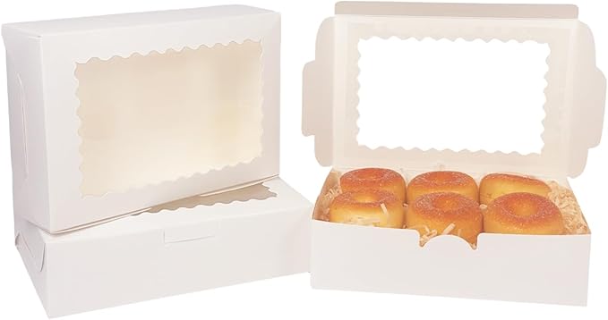 qiqee 50Pcs White Cookie Box with Window 9x6x2.5 Inch Pastry Macaron Bakery Box For Packaging