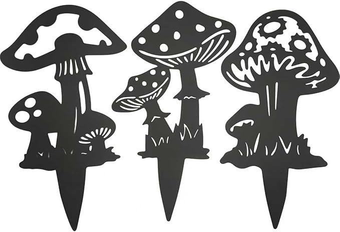 Decorative Mushroom Garden Stakes Black Garden Fairy Tale Mushroom Garden Stakes Metal Silhouette Art, Set of 3 (3, Matte Black)