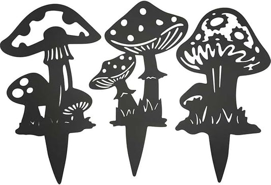 Decorative Mushroom Garden Stakes Black Garden Fairy Tale Mushroom Garden Stakes Metal Silhouette Art, Set of 3 (3, Matte Black)