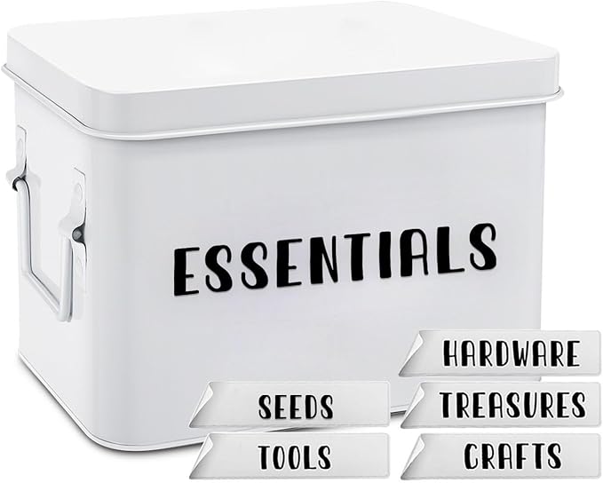 Flexzion Tin Storage Box with Removable Tray, 8 Inch Seed Organizer Box and Metal Seed Holder Organizer with Hinged Lid, Toolbox Container for Crafts, Hardware, Tools, Essentials, White