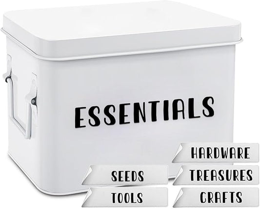 Flexzion Tin Storage Box with Removable Tray, 8 Inch Seed Organizer Box and Metal Seed Holder Organizer with Hinged Lid, Toolbox Container for Crafts, Hardware, Tools, Essentials, White