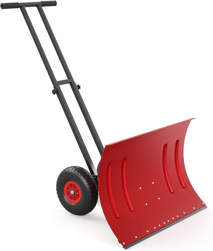 Garvee 29" Snow Pusher Shovel with Wheels,Heavy Duty Steel Snow Shovel with Wheels,Angled Blade Efficient Snow Removal With5-Position Angled Blade & Adjustable Handle for Doorway, Sidewalk, Red
