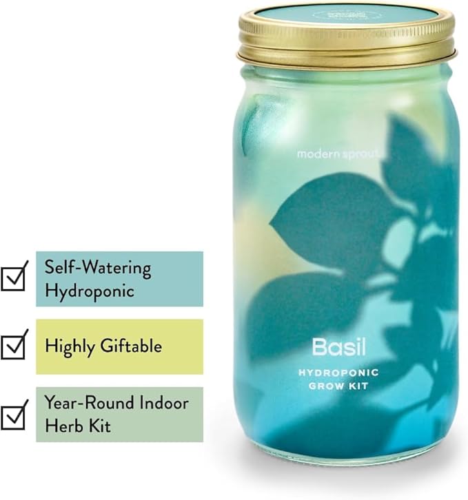 Modern Sprout Mason Garden Jar + Replant Kit - Self-Watering Hydroponics Growing System Kit w/Organic Herb Seeds - Jar Planter for Indoor Herb Garden - Seed Starter - Home Decor Gifting - Basil