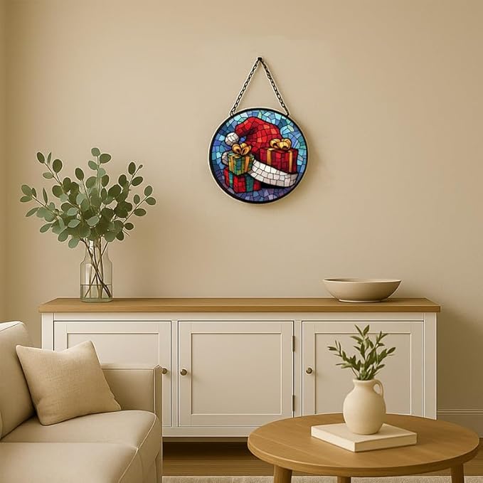 Stained Glass Window Hanging – 7.8 in Santa Hat Gifts Panel with Chain， Bathroom Front Door Living Room Garden Decor， Gift for Mom Wife Lovers