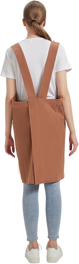 Cotton Linen Apron Cross Back Baking Cooking Gardening Apron for Women with Pockets Pinafore Dress