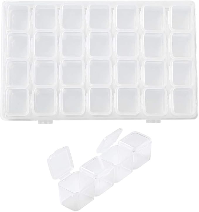 FASHEWELRY 28 Grids Clear Plastic Jewelry Box Storage Containers with 3.93x0.94x0.94 Inch Removable Dividers