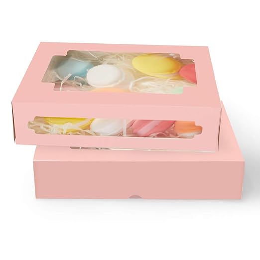 qiqee 50Packs Auto-pop Pink Cookie Boxes for Gift Giving 8x5.3x2 inch One Second Folding Pink Bakery Box with Window Treat Box for Donuts Candies and Biscuit