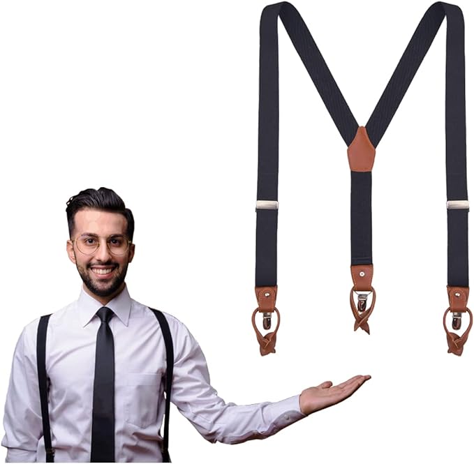 UPSONG Mens Suspenders，Brown Leather Button Tab and Clip Braces Heavy Duty Suspender Wedding Suspenders for Groom Groomsmen