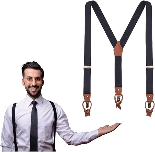 UPSONG Mens Suspenders，Brown Leather Button Tab and Clip Braces Heavy Duty Suspender Wedding Suspenders for Groom Groomsmen