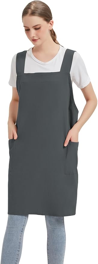 Cotton Linen Apron Cross Back Baking Cooking Gardening Apron for Women with Pockets Pinafore Dress