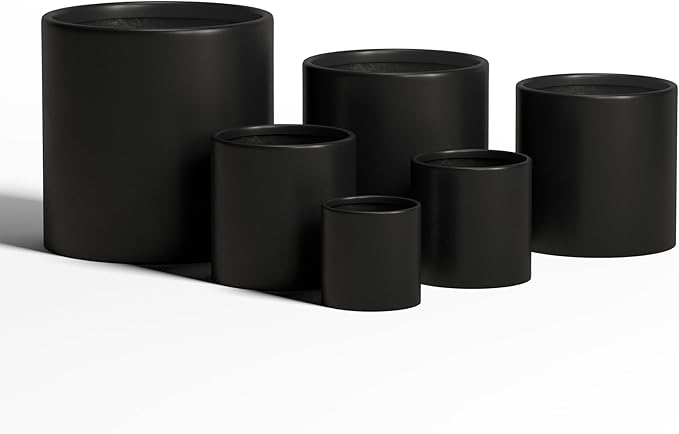 DTY Signature Mount Powell Fiberstone Planter - 14 Inch Large Black Cylindrical Mid-Century Modern Home Decor Indoor & Outdoor Plant Pot - Durable Planters for Indoor Plants, Outdoor Spaces