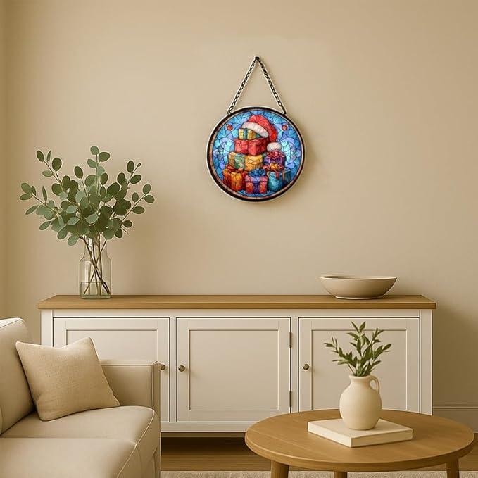 Stained Glass Window Hanging – 11.8 in Gifts with Santa Hat Panel with Chain， Bathroom Front Door Living Room Garden Decor， Gift for Mom Wife Lovers