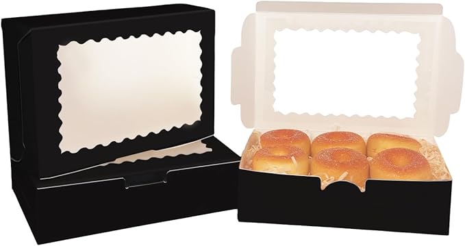 qiqee 50Pcs Black Cookie Box with Window 9x6x2.5 inch Pastry Macaron Bakery Box For Packaging