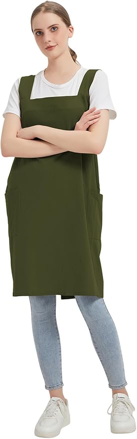 Cotton Linen Apron Cross Back Baking Cooking Gardening Apron for Women with Pockets Pinafore Dress