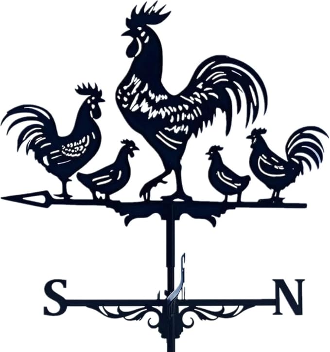 Rooster Weathervane Silhouette Art Black Metal Cock Wind Vanes Indicator Kit Outdoor Bracket for Garden Roof Yard Building (J)