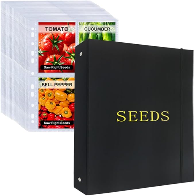 Seed Storage Organizer Binder, 3 Ring Seed Packet Organizer with 100 Clear Pockets(25 Pack Sheet Sleeves), Garden Seed Holder Book for Seed Envelopes Card, Plant Seed Saver, Flower Seed Keeper(A4)