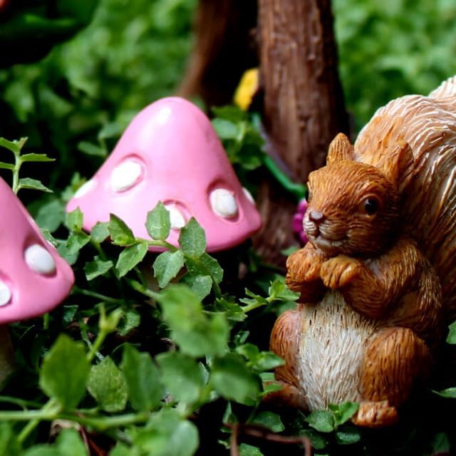 PRETMANNS Fairy Garden Accessories Starter Kit with Figurines, Swing Set, Squirrel & 2 Mushrooms – Ideal for Indoor Outdoor Miniature Garden – 6 Hand-Painted Resin Items