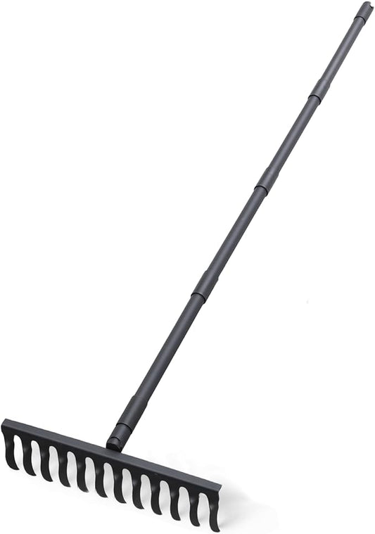 Bow Rake for Soil Leveling 60 Inch Heavy Duty Garden Tool with 12 Tines Adjustable Long Handle Thatch Rake for Gardening Loosening Soil Leveling Mulch Gathering Leaves, Black