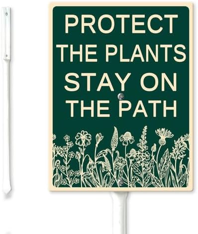 FemiaD Protect The Plants Stay On The Path Yard Sign with Stake 7x8.8inch Sturdy Aluminum Rustproof Outdoor Lawn Decor for Garden Front Door Outdoor Use Easy to Install