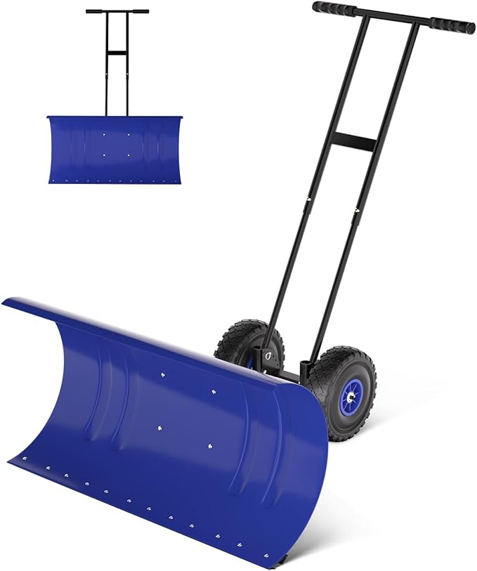 Snow Pusher with Wheels for Driveway, 29.5" Wide Heavy Duty Steel Blade, 7-Position Angle Adjustment & 60° Tilt Handle, Ergonomic Push Snow Shovel with Ground Protection for Effortless Snow Removal
