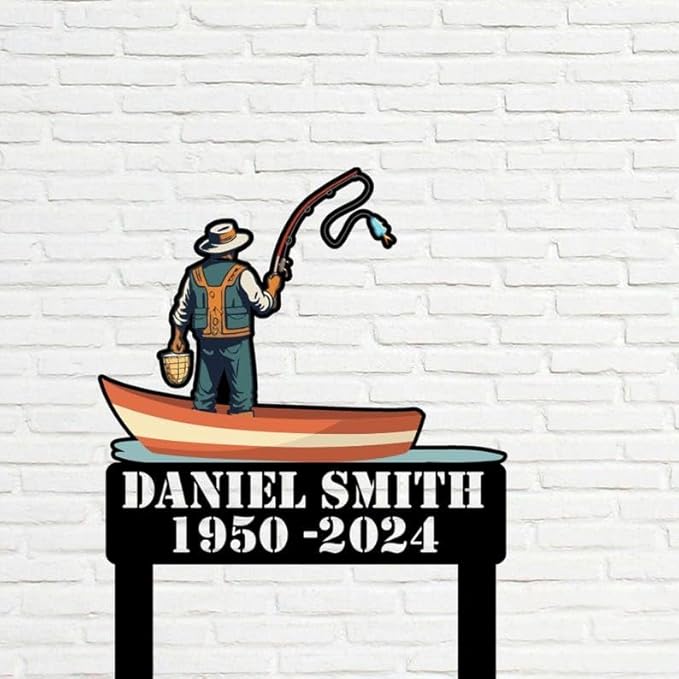 Custom Fishing Memorial Metal Stake – Personalized Fisherman Grave Marker, Yard Sign, Garden Stake, Outdoor Fishing Tribute (Fisherman Memorial)