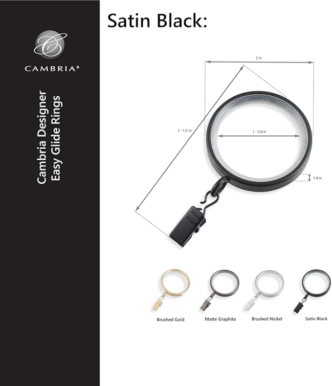 MODE Cambria Designer Series - Premium Easy Glide 18 Count Curtain Rings - Metal with Smooth, Quiet Nylon Inserts with Clips - 2 inch Diameter (1-5/8 inch Inside Diameter) - Satin Black Finish