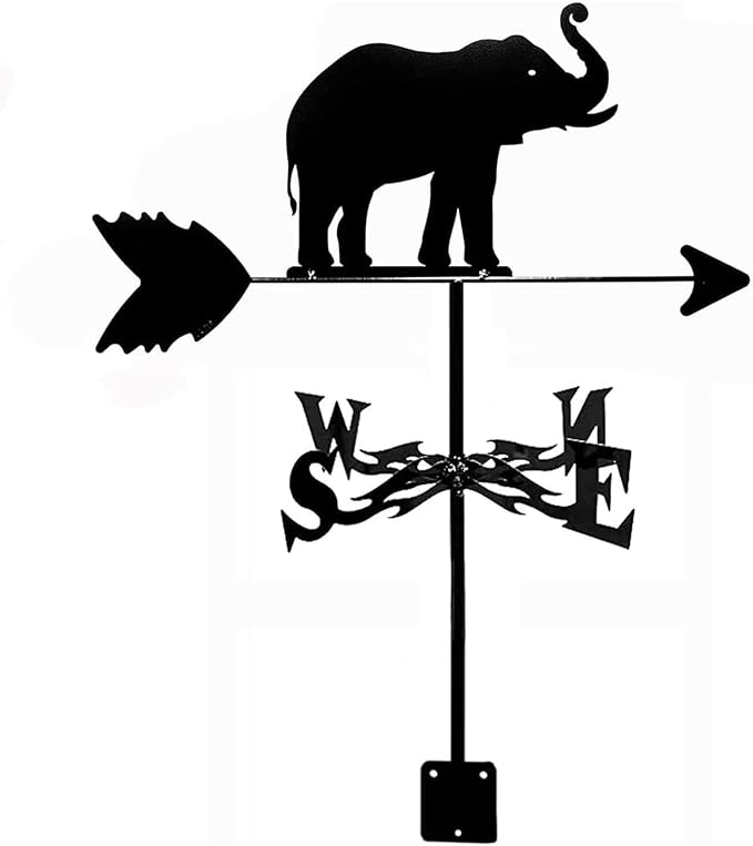 Vintage Metal Weather Vane Elephant Animal Shape Design Weathervane Wind Direction Indicator Metal Bracket for Garden Yard Roof