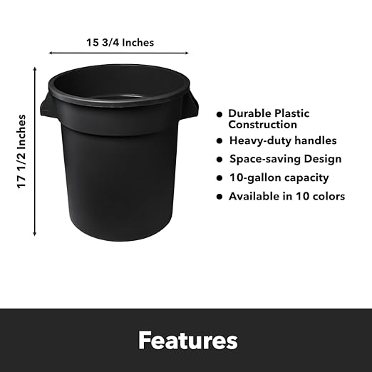 Feed and Seed Storage Container, 10 Gallon Black Round Commercial Trash Can and Lid, Food Storage Plastic Bin, Use in Agricultural, Gardening, or Household