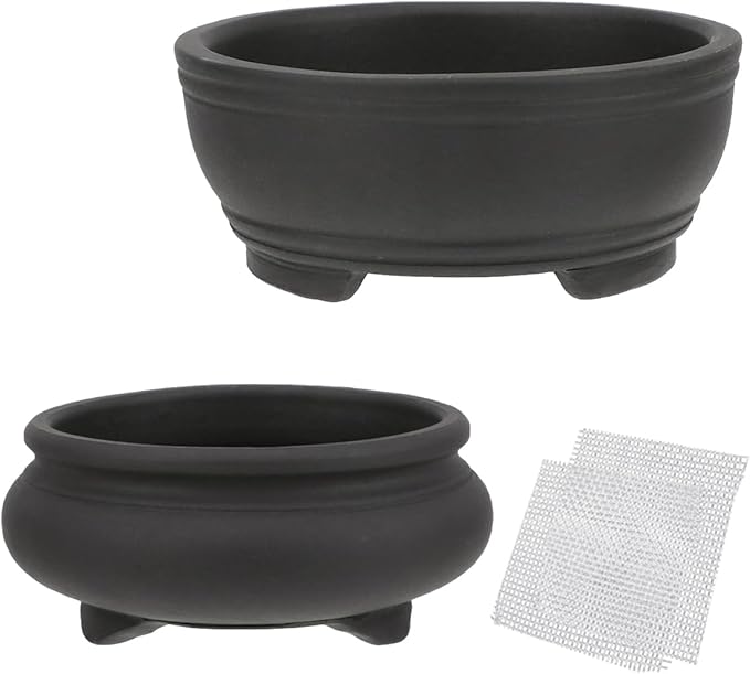 Bonsai Planter 2 pc 3.9" + 4.1" Unglazed Round Ceramic Succulent Pots Set
