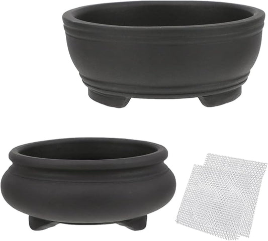 Bonsai Planter 2 pc 3.9" + 4.1" Unglazed Round Ceramic Succulent Pots Set
