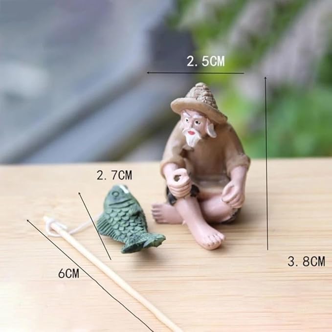 2Pcs Miniature Fisherman Figurine, Chinese Mudman Sitting Garden Statue, Outdoor Ornament Decor