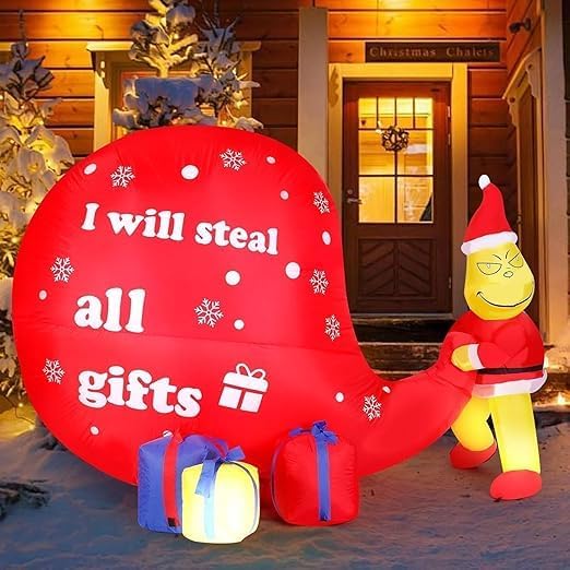 8FT Christmas Inflatable Outdoor Decorations Grinch Inflatable with Giant Gift Sack, LED Blow Up Christmas Yard Decor Outdoor Holiday Stealing Gifts Decoration for Lawn, Garden & Porch