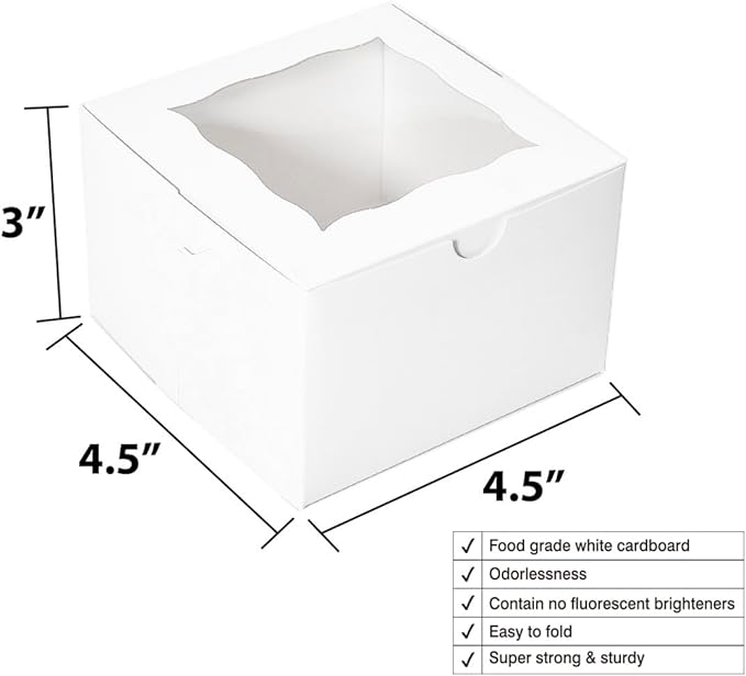 Cookie Boxes with Window 4.5x4.5x3 Inch-50 Pack,White Bakery Boxes,Mini Treat Boxes for Mini Bundt Cake and Individual Cheesecakes