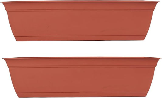 The HC Companies 30 Inch Eclipse Window Planter Box with Drainage Holes & Attached Saucer, Lightweight UV-Resistant Plastic Outdoor Planters, 2-Pack Flower Box for Garden & Home Decor, Clay