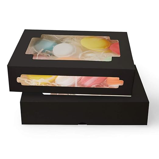 qiqee 50Packs Auto-pop Black Cookie Boxes for Gift Giving 8x5.3x2 inch Black One Second Fold Bakery Box with Window Treat Box for Donuts Candies and Biscuit