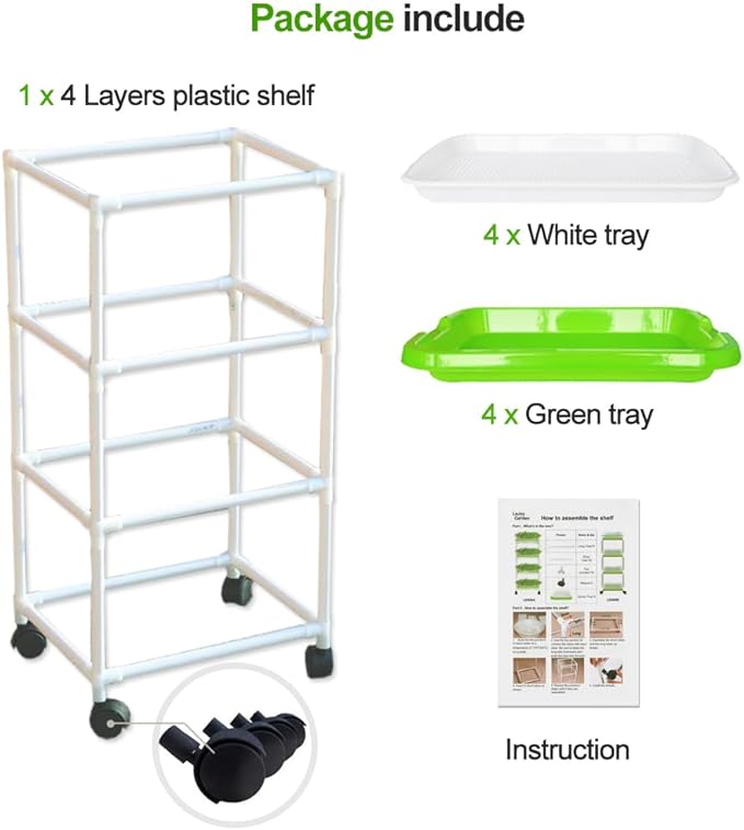 4 Layers Sprout Trays with Extra Strength Plastic Shelf Soil-Free Healthy Wheatgrass Seeds Grower & Storage Trays for Garden Home Office