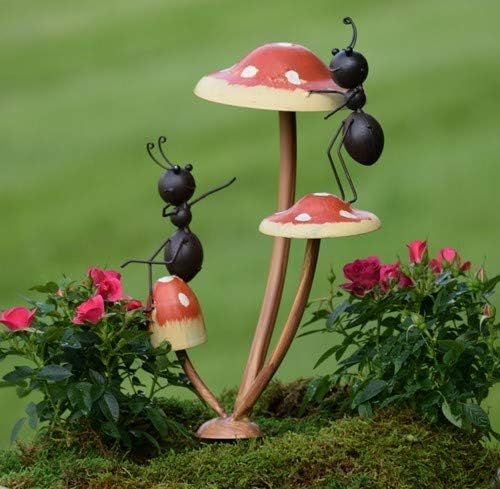 Zaer Ltd. Metal Ants on Mushrooms Short Garden/Pot Stake (2 Ants, Standing)