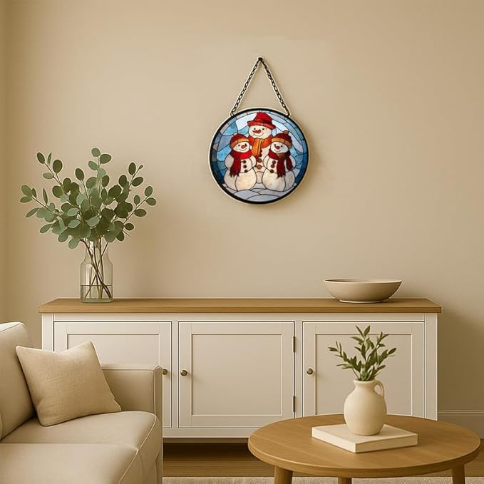 Stained Glass Window Hanging – 7.8 in Snowman Family Panel with Chain， Bathroom Front Door Living Room Garden Winter Holiday Decor， Gift for Mom Wife Lovers