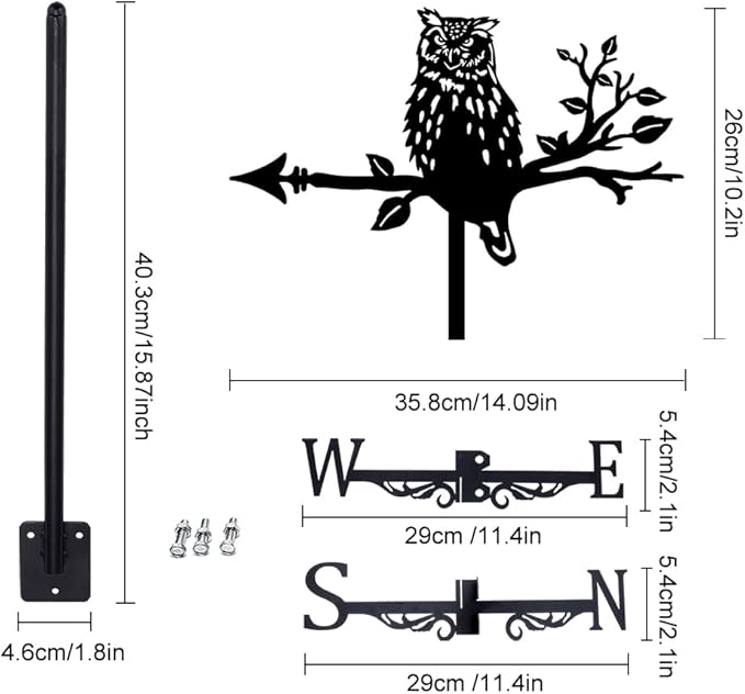 SUPERDANT Owl Weathervane Wrought Iron Wind Vane Owl on Branch Animal Metal Weather Vane Roof Garden Direction Sign Weathercock Outdoor Farmhouse Decoration Garden Wind Measuring Tool