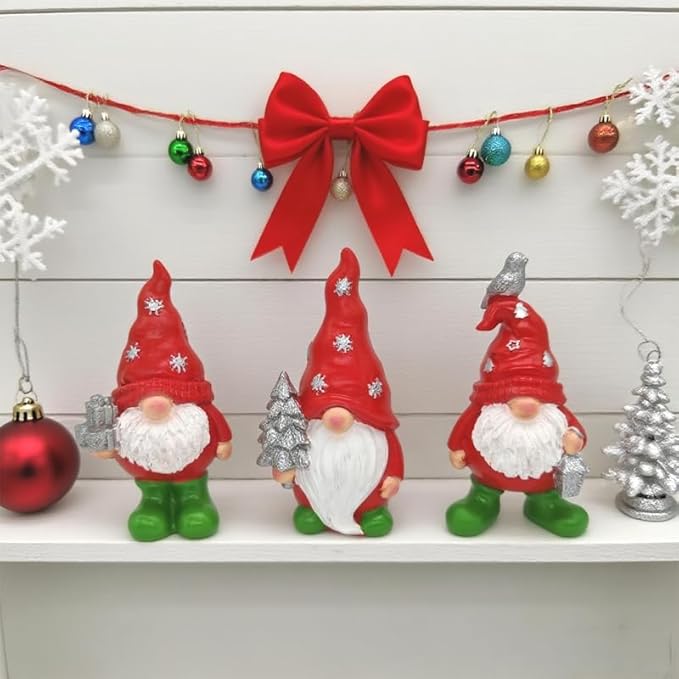 3PCS Christmas Gnome Decorations - Red & Green Holiday Gnomes with Gifts, Resin Xmas Elf Figurines for Home Decor, Shelf, Mantel, Tabletop Festive Indoor Ornaments (4.93-5.11 in)