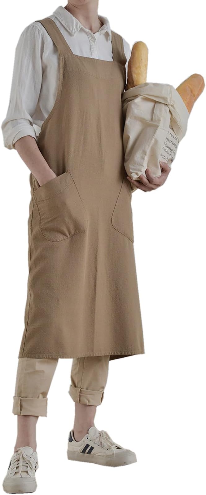 Cotton Linen Apron Cross Back Japanese Smock for Women Cooking With Pockets Pinafore Dress Kitchen Baking Gardening