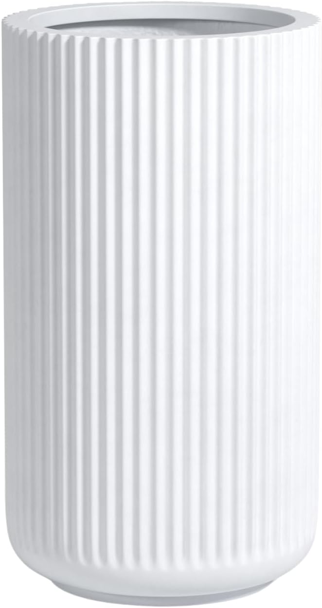 DTY Signature Mount Elbert 1-Piece Fluted Fiberstone Planter for Indoor/Outdoor, White, 16" H x 11.5" Dia (9.75" Opening) - Small