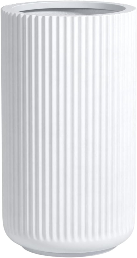 DTY Signature Mount Elbert 1-Piece Fluted Fiberstone Planter for Indoor/Outdoor, White, 16" H x 11.5" Dia (9.75" Opening) - Small