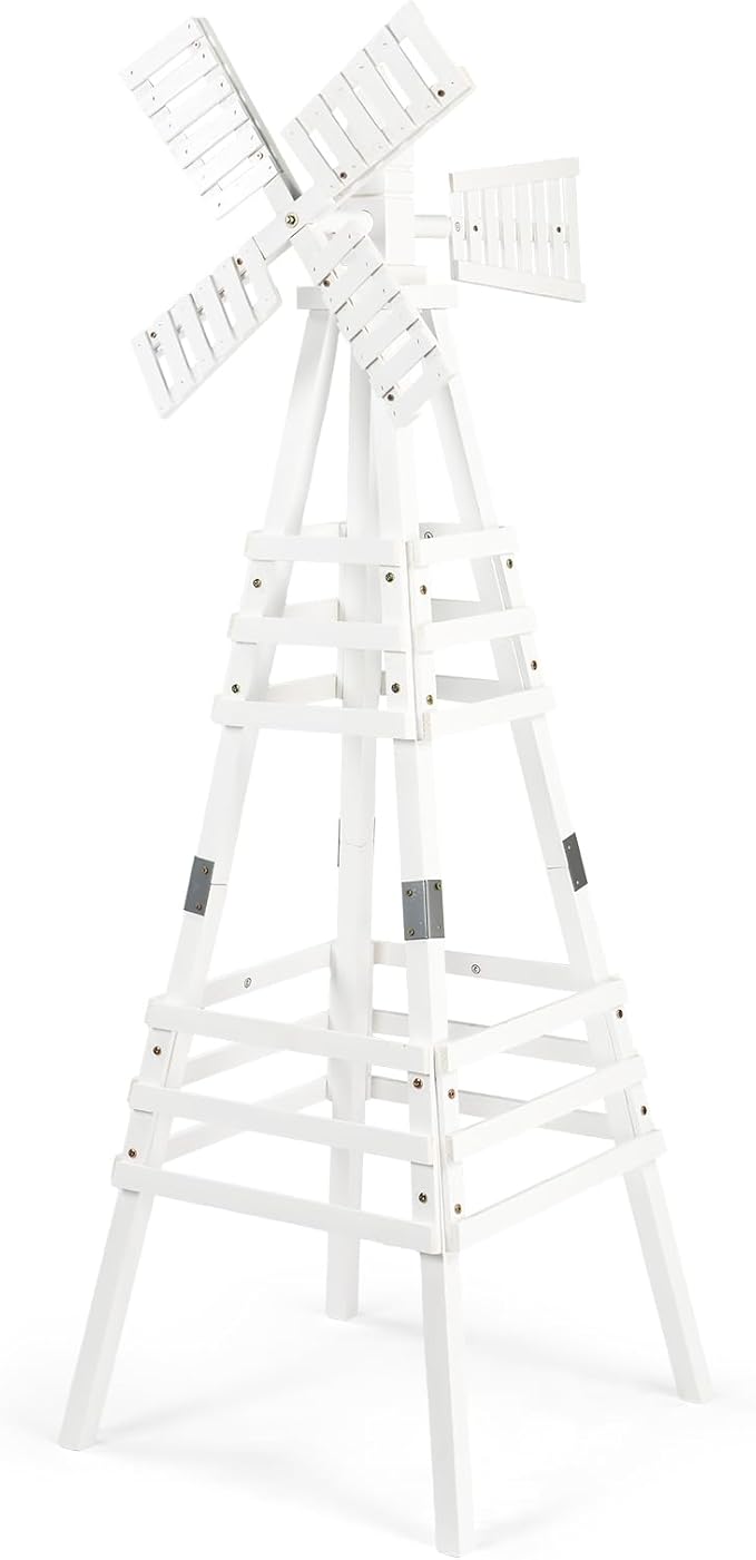 Wooden Windmill, Weather-Proof Wind Spinner, Outdoor Wind Mill for Garden Lawn Patio Decoration (White, Medium)