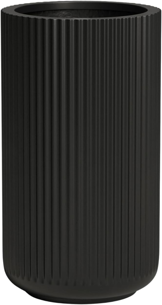 DTY Signature Mount Elbert 1-Piece Fluted Fiberstone Planter for Indoor/Outdoor, Black, 16" H x 11.5" Dia (9.75" Opening) - Small