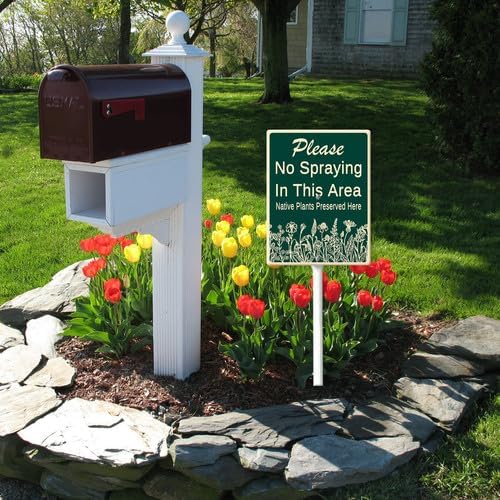 FemiaD No Spraying In This Area Yard Sign with Stake 7x8.8inch Sturdy Aluminum Rustproof Outdoor Lawn Decor Native Plants Preserved Here Sign for Garden Front Door Outdoor Use Easy to Install