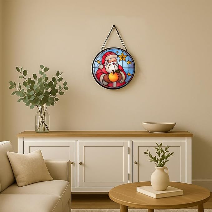 Stained Glass Window Hanging – 6.3 in Santa Claus Panel with Chain， Christmas Bathroom Front Door Living Room Garden Decor for Mom Wife Lovers
