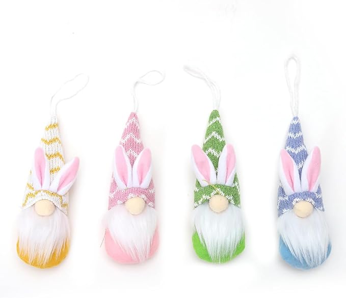 Easter Bunny Gnome Ornaments Set of 4, Faceless Doll Plush Rabbit Gnomes Hanging Ornaments for Easter Tree Decorations, Spring Holiday Home Decor