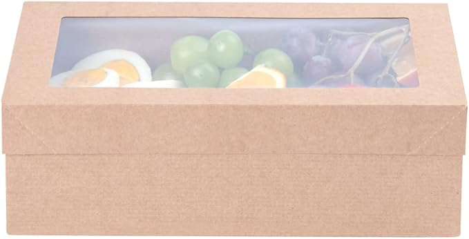 Restaurantware Cater Tek 10.2 x 6.1 x 3.2 Inch Catering Boxes 10 Insert Tab Lock Baked Goods Boxes - Window Lids Easy Assembly Kraft Paper Window Pastry Boxes For Charcuterie Or Cupcakes