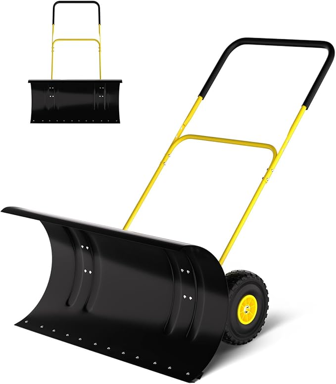Snow Pusher with Wheels for Driveway, 36" Wide Heavy Duty Steel Blade, 2-Position Height Adjustment & 60° Tilt Handle, Ergonomic Push Snow Shovel with Ground Protection for Effortless Snow Removal
